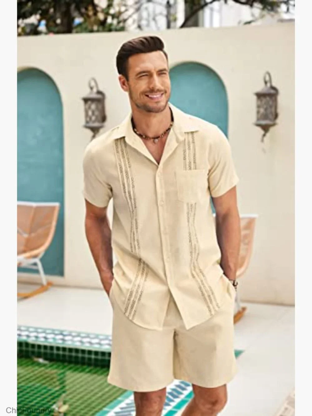 Men's Linen 2-Piece Set: Short Sleeve Button Down Shirt & Elastic Waist Shorts - Picture 3 of 7